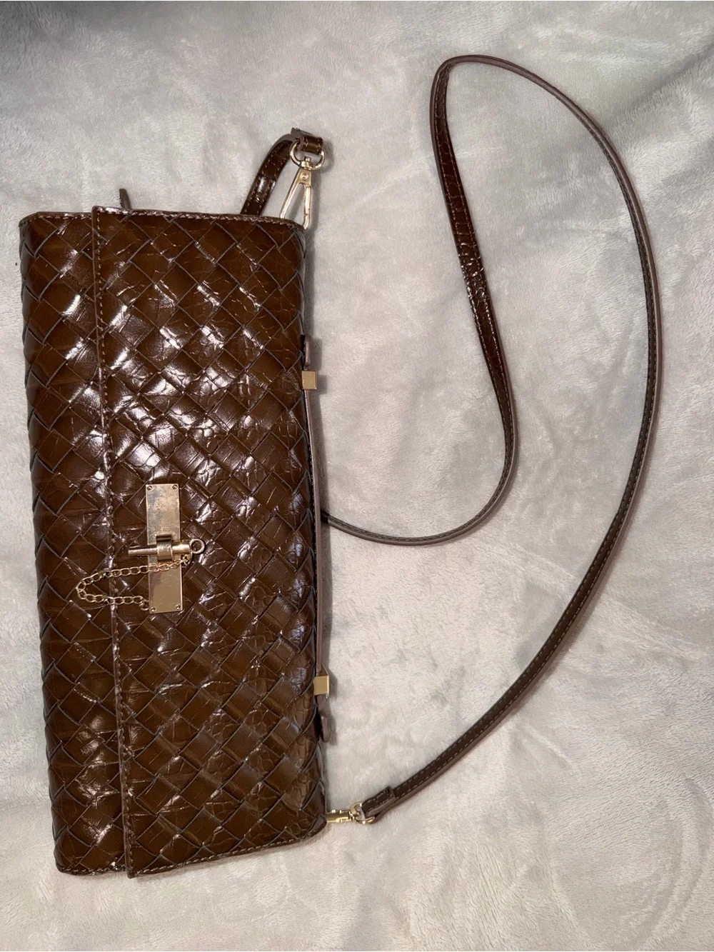 Aldo Brown Woven Leather Clutch with Gold-Tone Turn Lock